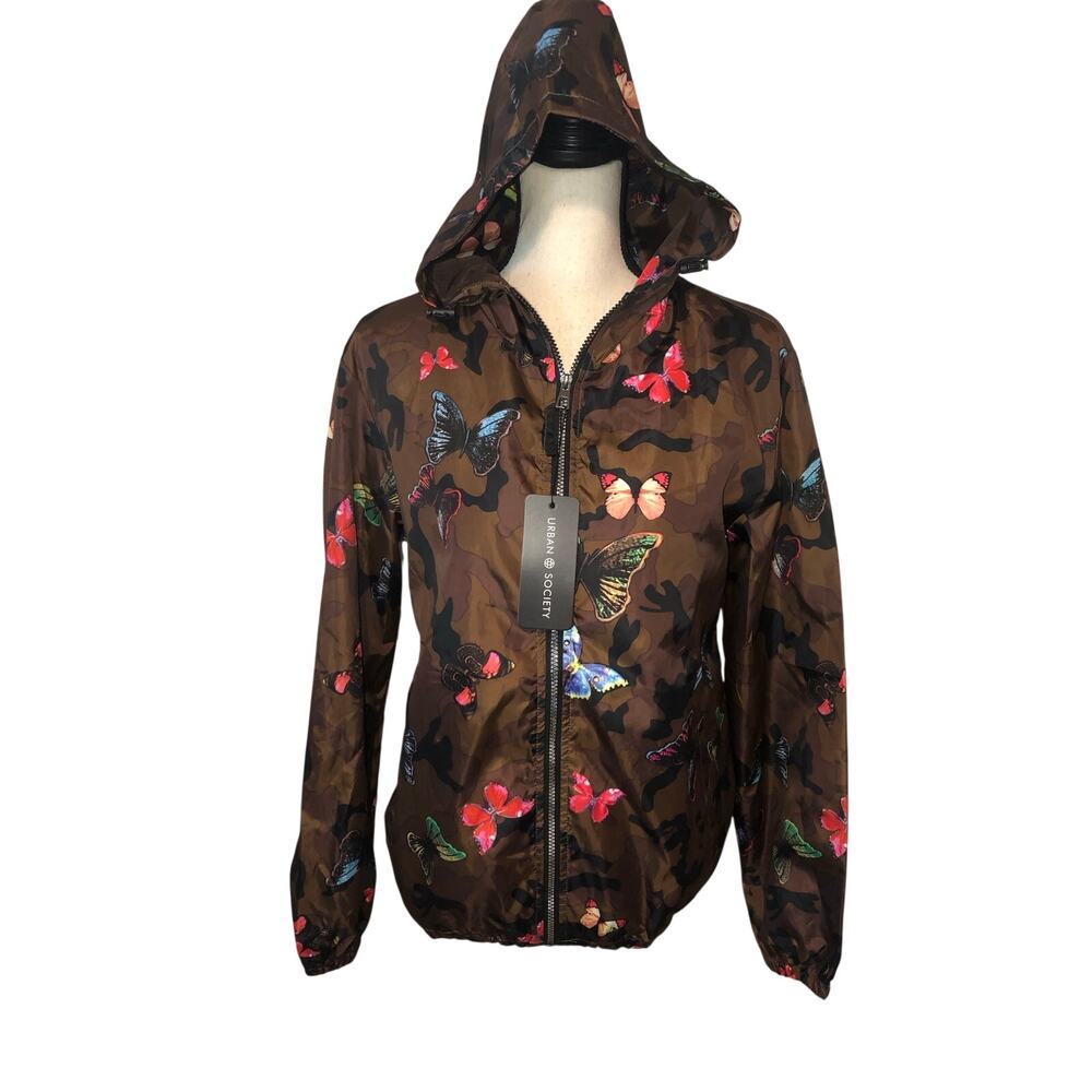 Urban Society Camo Butterfly Windbreaker Jacket Hood Size M-L Brown Streetwear